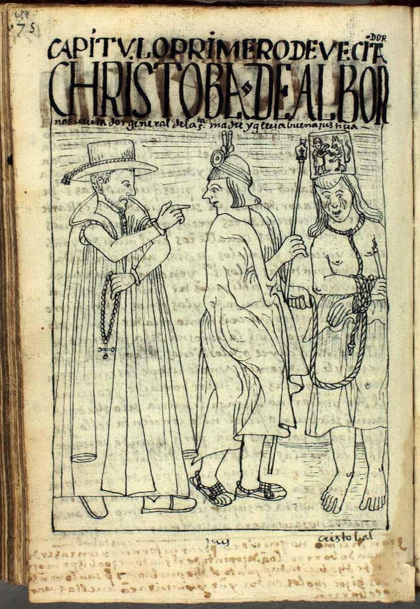 El visitador Cristóbal de Albornoz, el principal perseguidor del movimiento del Takiyonkoy. (Fuente: Felipe Huamán Poma de Ayala, 1615)